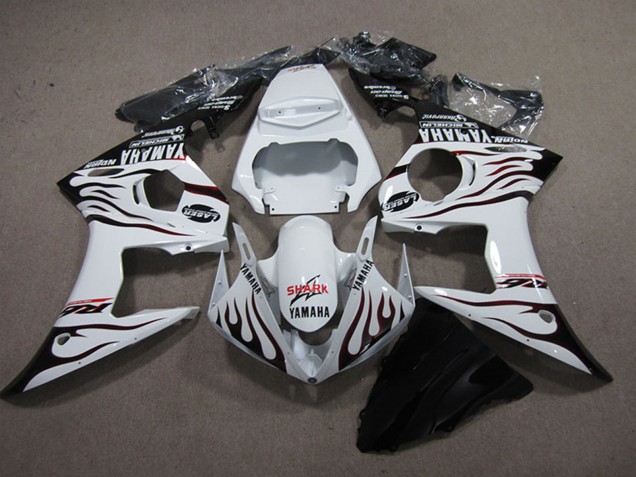 Billige Yamaha YZF R6 Motorrad Verkleidung 2003-2004 - Weiss Glanzendes Schwarz Flamme Hai