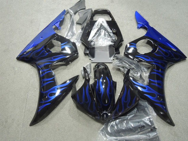 Billige Yamaha YZF R6 Motorrad Verkleidung 2003-2004 - Glanzendes Schwarz Blau Flamme