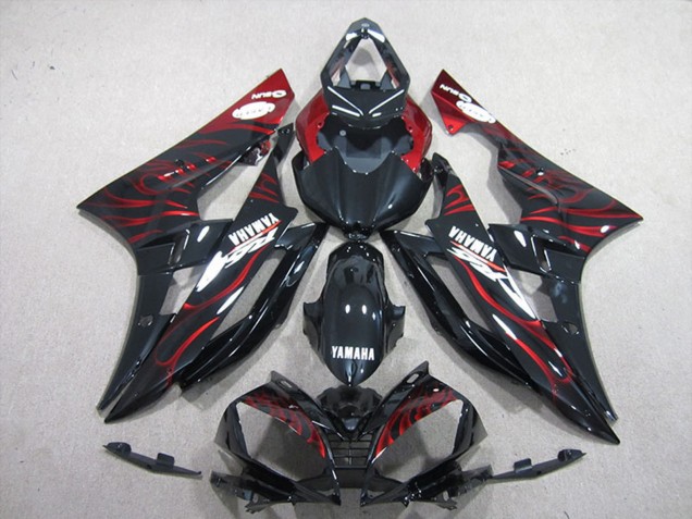 Billige Yamaha YZF R6 Motorrad Verkleidung 2006-2007 - Glanzendes Schwarz Rot Flamme