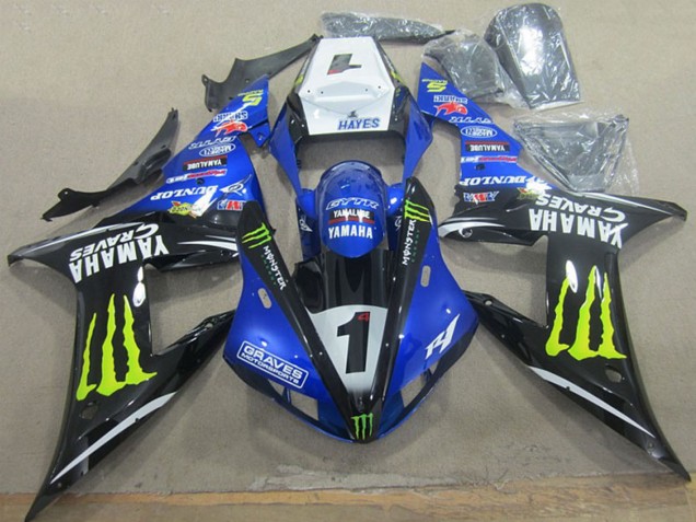 Billige Yamaha YZF R1 Motorrad Verkleidung 2002-2003 - Weiss Blau Schwarz Neon Gelb Monster Graves 1