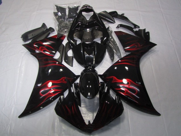 Billige Yamaha YZF R1 Motorrad Verkleidung 2009-2011 - Glanzendes Schwarz Rot Flamme