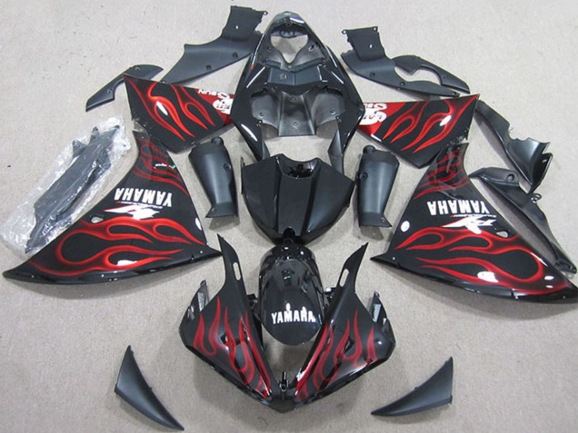 Billige Yamaha YZF R1 Motorrad Verkleidung 2012-2014 - Glanzendes Schwarz Rot Flamme
