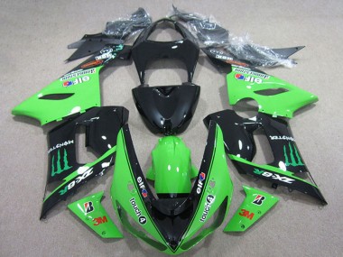 Billige Kawasaki ZX6R Motorrad Verkleidung 2005-2006 - Glanzendes Schwarz Grun Elf Touch4 Bridgestone Monster