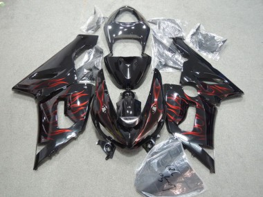 Billige Kawasaki ZX6R Motorrad Verkleidung 2005-2006 - Glanzendes Schwarz Rot Flamme