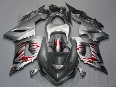 Billige Kawasaki ZX6R Motorrad Verkleidung 2005-2006 - Silber Rot Flamme Ninja