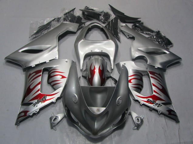Billige Kawasaki ZX6R Motorrad Verkleidung 2005-2006 - Silber Rot Flamme Ninja