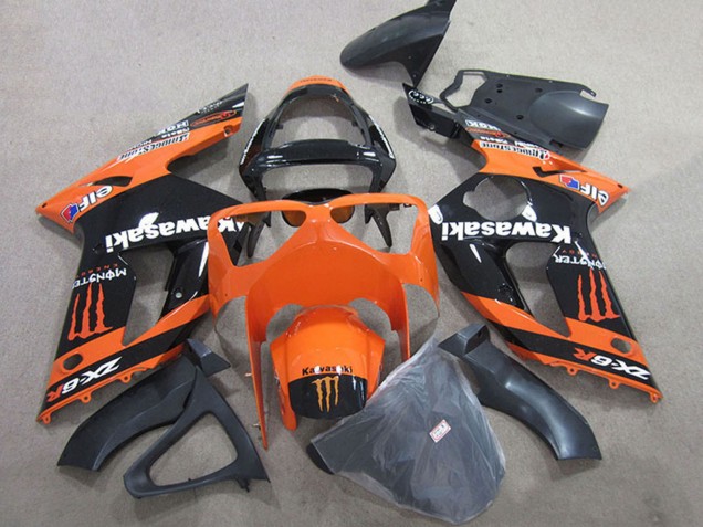 Billige Kawasaki ZX6R Motorrad Verkleidung 2003-2004 - Orange Schwarz Monster