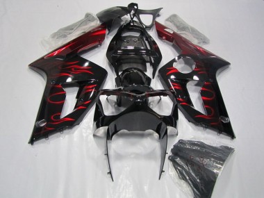 Billige Kawasaki ZX6R Motorrad Verkleidung 2003-2004 - Glanzendes Schwarz Rot Flamme