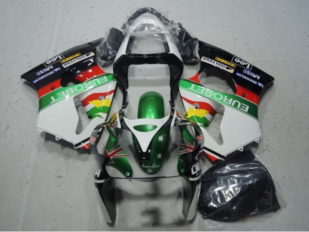 Billige Kawasaki ZX6R Motorrad Verkleidung 2000-2002 - Weiss Grun Rot Gelb Schwarz Stern EuroBet