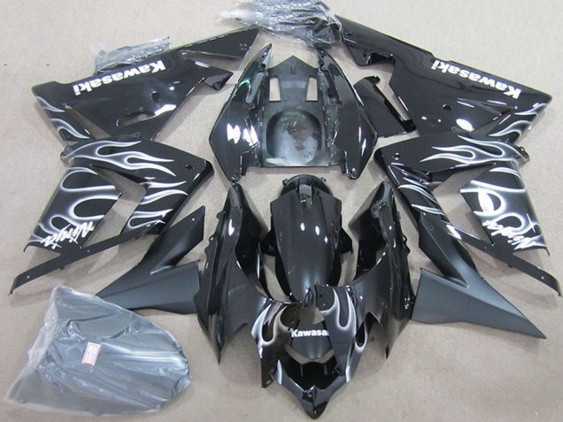 Billige Kawasaki ZX10R Motorrad Verkleidung 2004-2005 - Schwarz mit Weisser Flamme