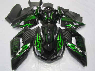 Billige Kawasaki ZX14R ZZR1400 Motorrad Verkleidung 2006-2011 - Glanzendes Schwarz Grun Flamme