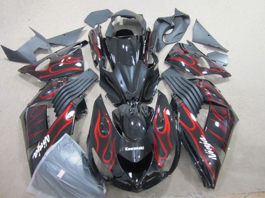 Billige Kawasaki ZX14R ZZR1400 Motorrad Verkleidung 2006-2011 - Glanzendes Schwarz Rot Flamme