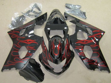 Billige Suzuki GSXR 600 Motorrad Verkleidung 2004-2005 - Glanzendes Schwarz Rot Flamme