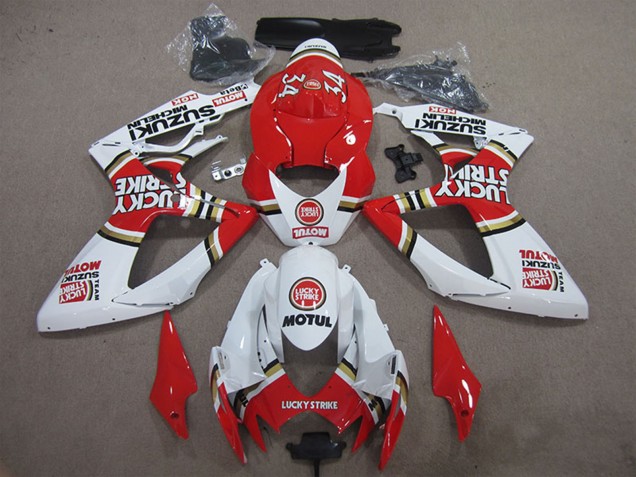 Billige Suzuki GSXR 600 Motorrad Verkleidung 2006-2007 - Weiss Rot Lucky Strike Motul