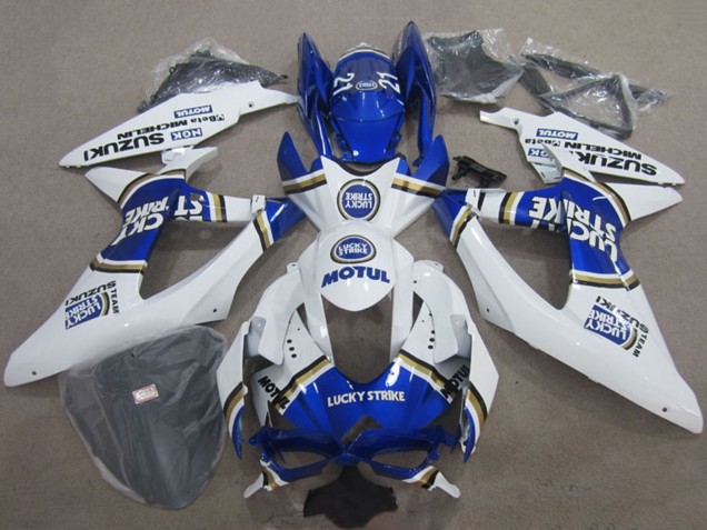 Billige Suzuki GSXR 600 Motorrad Verkleidung 2008-2010 - Weiss Blau Lucky Strike Motul