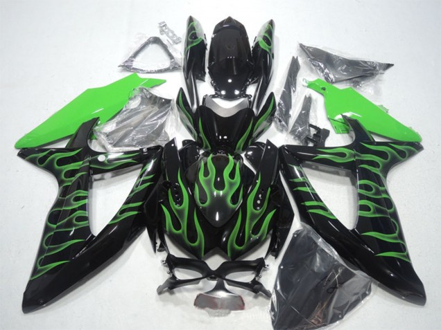 Billige Suzuki GSXR 600 Motorrad Verkleidung 2008-2010 - Glanzendes Schwarz Grun Flamme