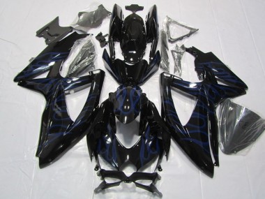 Billige Suzuki GSXR 600 Motorrad Verkleidung 2008-2010 - Glanzendes Schwarz Blau Flamme
