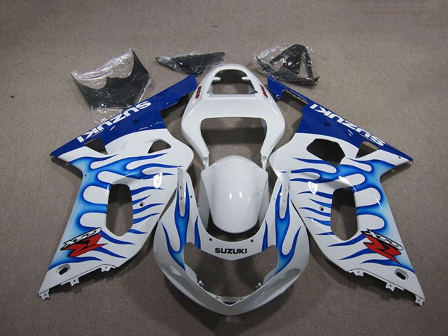 Billige Suzuki GSXR 750 Motorrad Verkleidung 2001-2003 - Weiss Blau Flamme