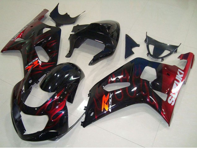 Billige Suzuki GSXR 750 Motorrad Verkleidung 2001-2003 - Glanzendes Schwarz Rot Flamme
