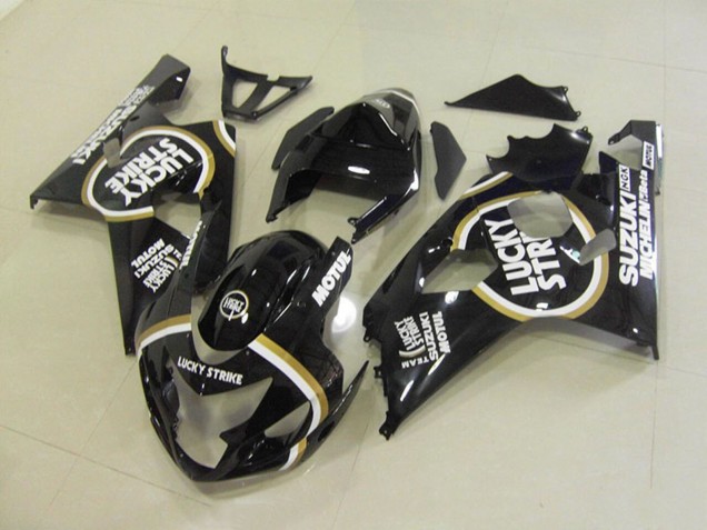 Billige Suzuki GSXR 750 Motorrad Verkleidung 2004-2005 - Glanzendes Schwarz Weiss Lucky Strike Motul