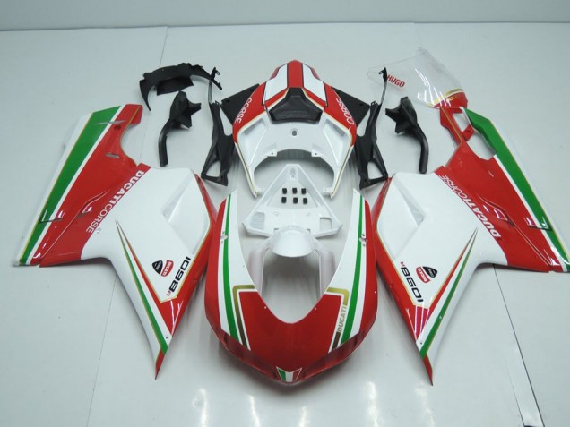 Weiß Und Rot mit Grün Streifen Ducati 848 1098 1198 2007-2014 Motorrad Verkleidungen Weiß Und Rot mit Grün Streifen Ducati 848 1098 1198 2007-2014 Motorrad Verkleidungen